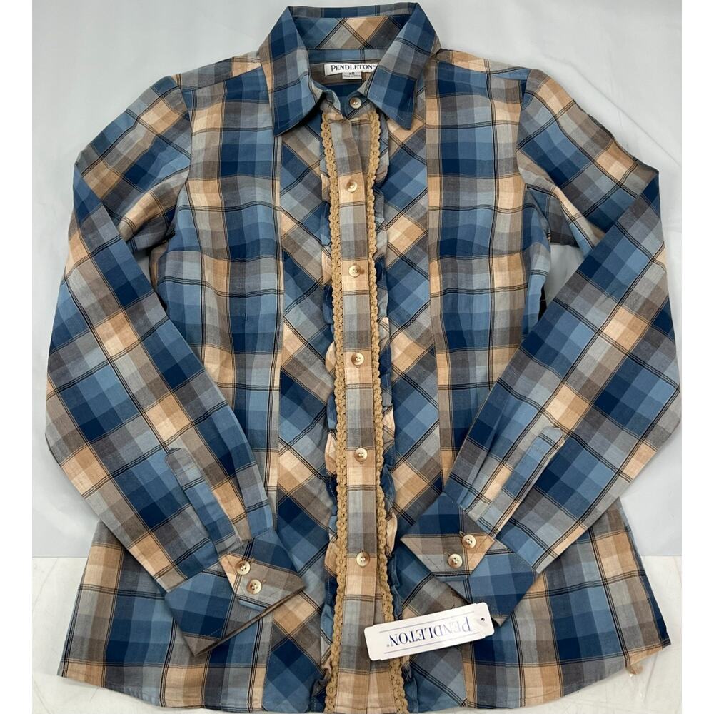 Pendleton Women's Blouse Plaid Ruffle Front Blue Tan NWT Size M 100% Cotton